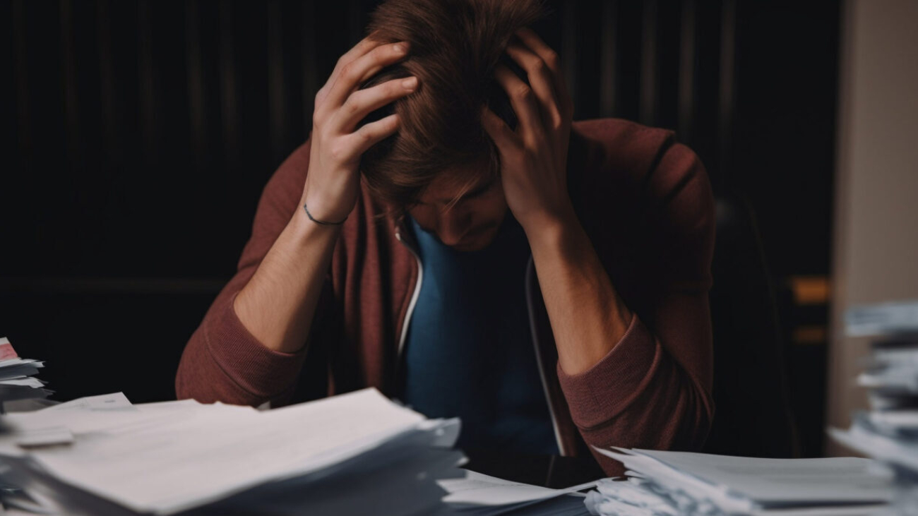 Overworked businessman sitting at desk, feeling despair generated by artificial intelligence