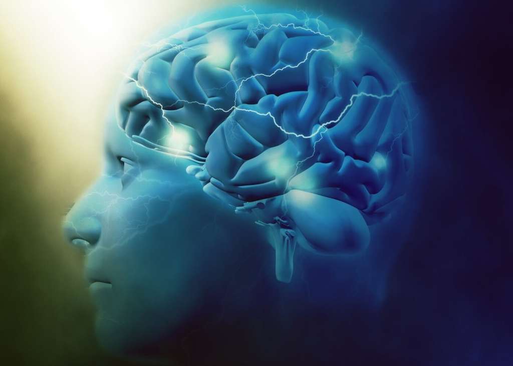 3D render of a male head with brain and lightening effect