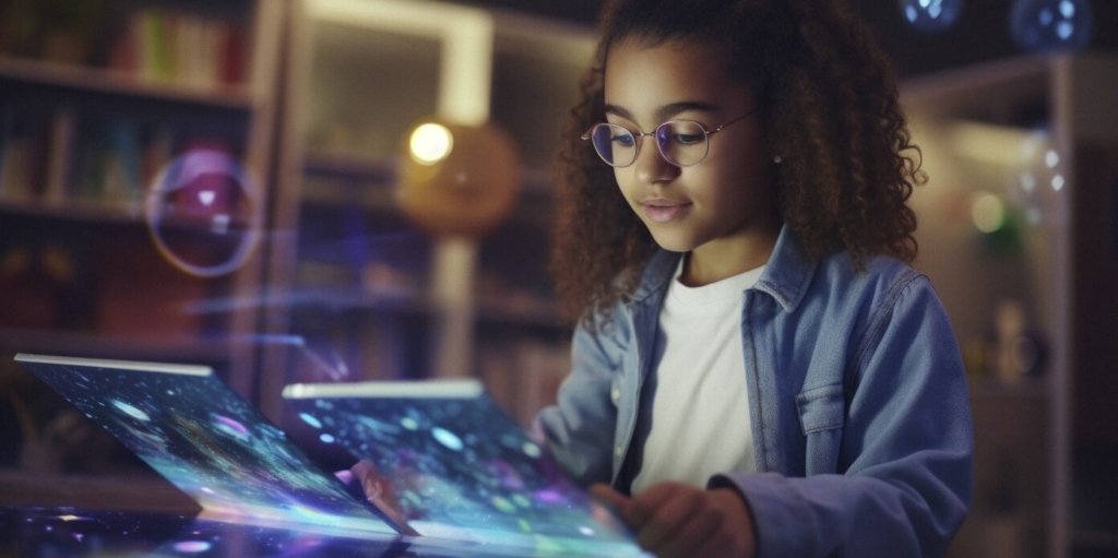A young biracial girl, one side of her face illuminated by the glow of a holographic tablet displaying educational content, symbolizing the seamless integration of technology into everyday learning experiences. Realistic, cinematic photo, photography, cinematic tones --ar 16:9 --v 5.2 Job ID: f6206335-833b-4883-b292-bd3a06c148da