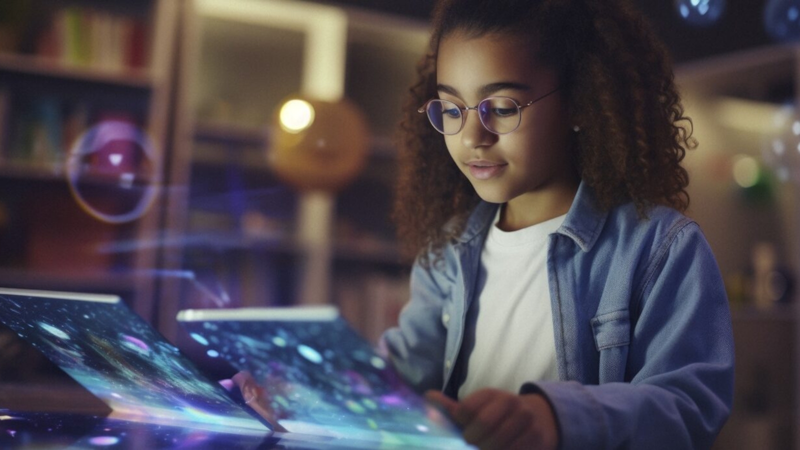 A young biracial girl, one side of her face illuminated by the glow of a holographic tablet displaying educational content, symbolizing the seamless integration of technology into everyday learning experiences. Realistic, cinematic photo, photography, cinematic tones --ar 16:9 --v 5.2 Job ID: f6206335-833b-4883-b292-bd3a06c148da